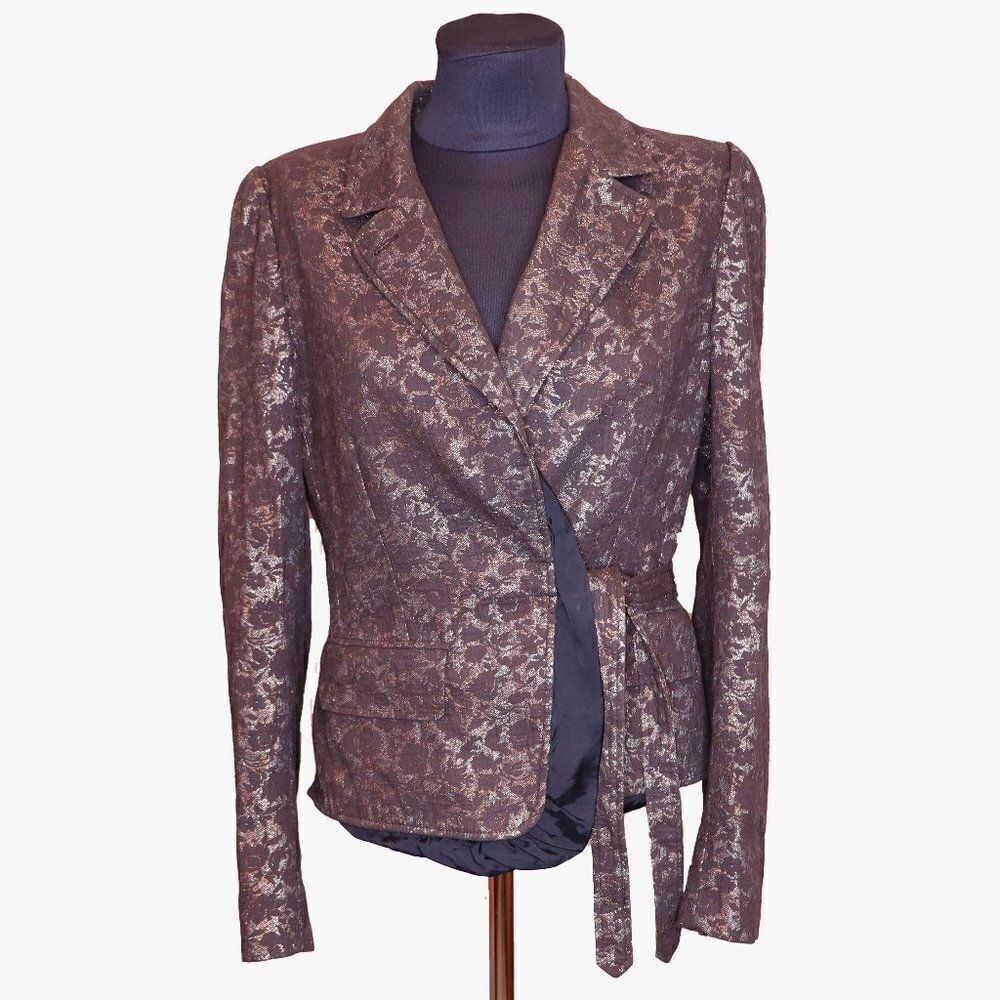 Dries Van Noten Brocade Floral Silk Blend Metallic Wrap/Tie Blazer Sz 8